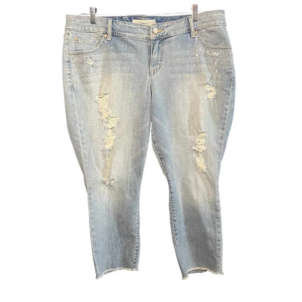 Torrid Women's Light Blue Distressed Jeans with Jewel Design Cropped Size 16